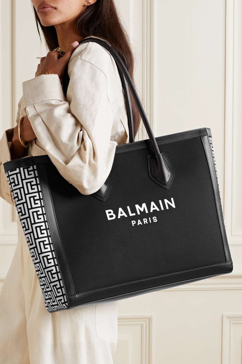 BALMAIN B-Army 42 Leather-Trimmed Canvas Shopper Tote Bag - (Large-Black)