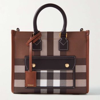 Burberry Freya Mini Check Canvas Leather Tote Brown)