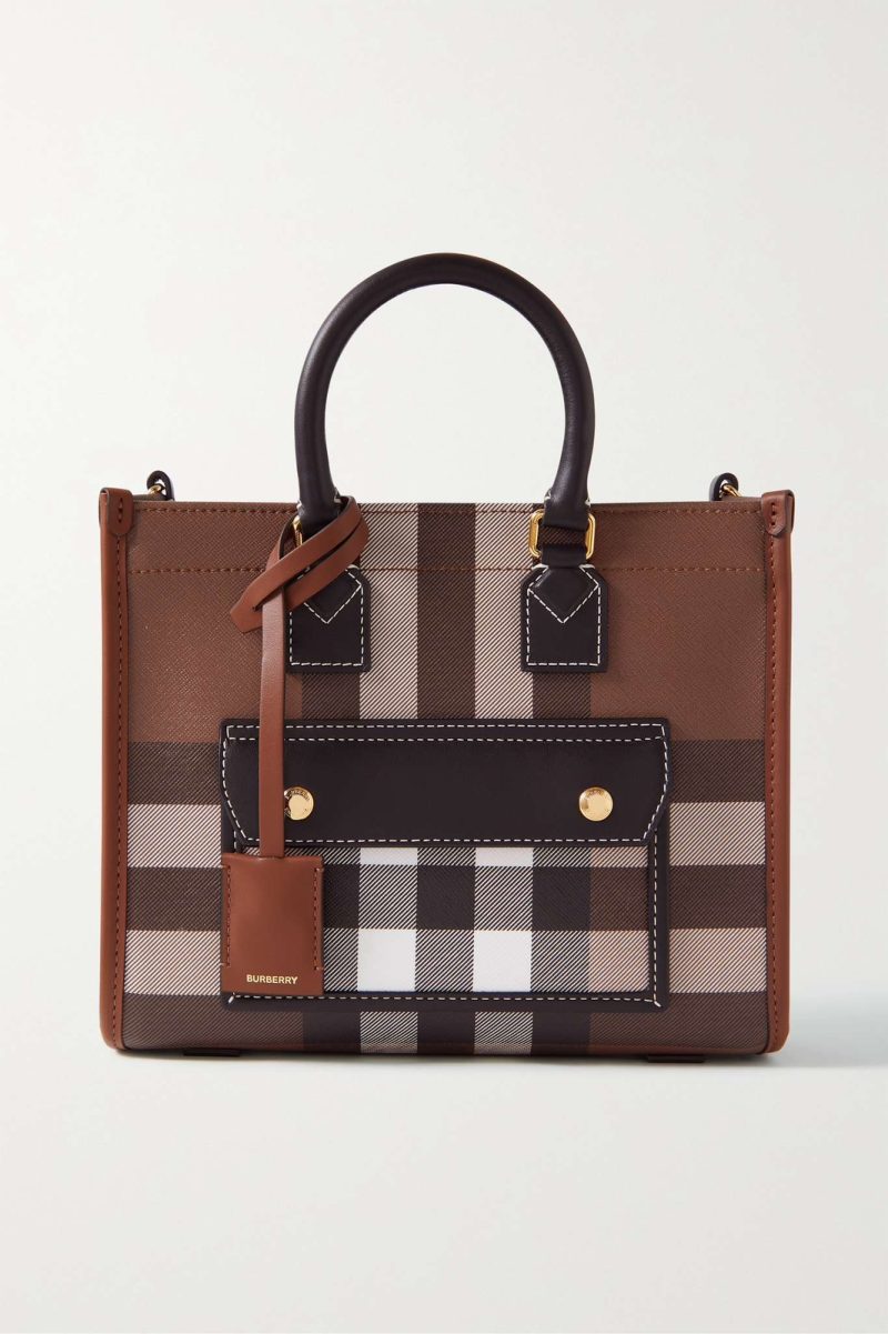 Burberry Freya Mini Check Canvas Leather Tote Brown)