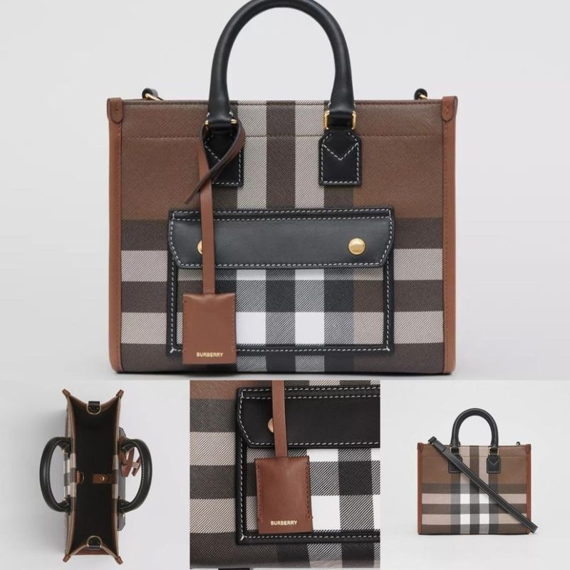 Burberry Freya Mini Check Canvas Leather Tote Brown)