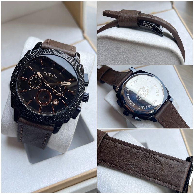 Make a statement with this dramatic timepiece featuring a brushed stainless steel black IP case and a brown leather strap. Fossil FS 4656 For men